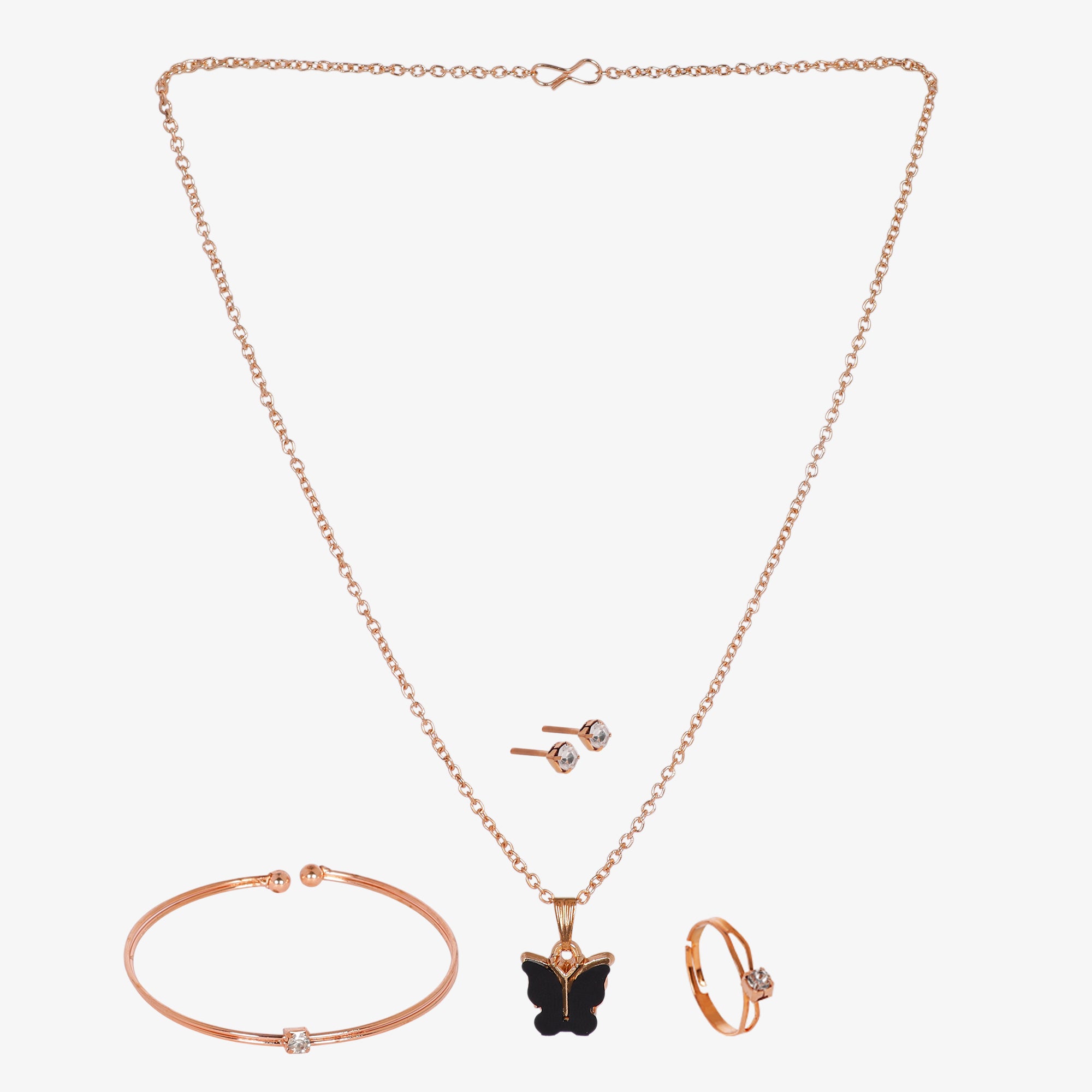 Rose Gold-Tone Jewelry Set – Butterfly Pendant with Bracelet, Ring & Earrings
