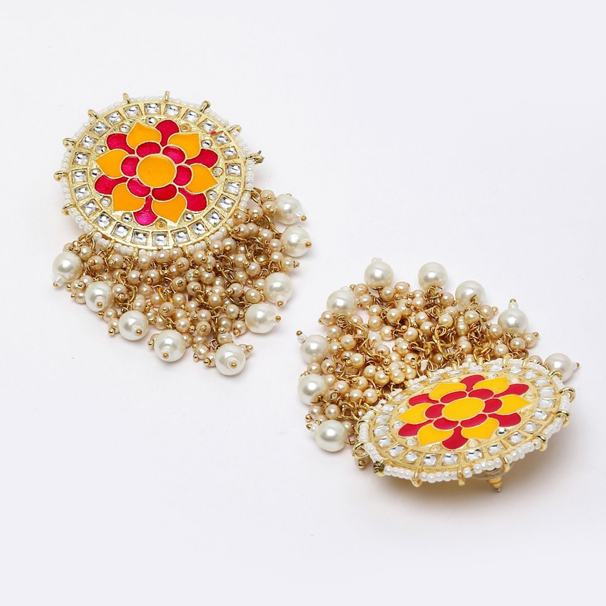 Agaami Gold Plated Kundan Stone Circular Shaped Meenakari Drop Earrings