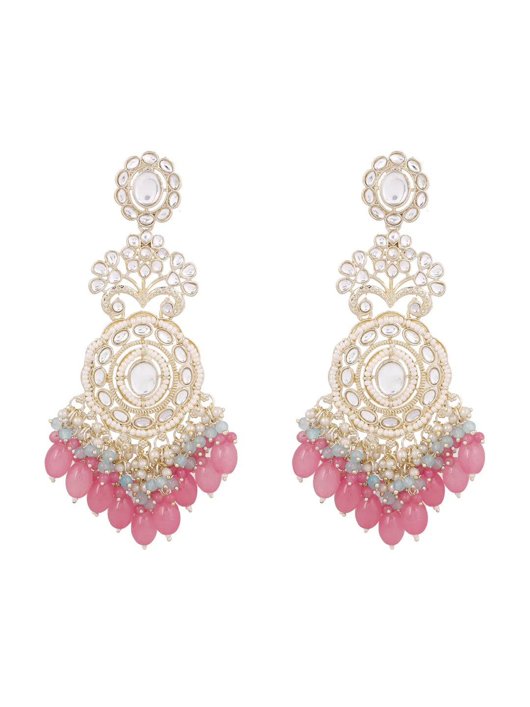 Agaami Blossom Elegance Pearl Kundan Combo Designed Pink Beads Drop Earrings
