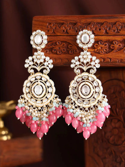 Agaami Blossom Elegance Pearl Kundan Combo Designed Pink Beads Drop Earrings