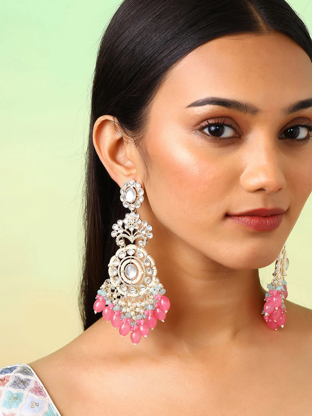 Agaami Blossom Elegance Pearl Kundan Combo Designed Pink Beads Drop Earrings