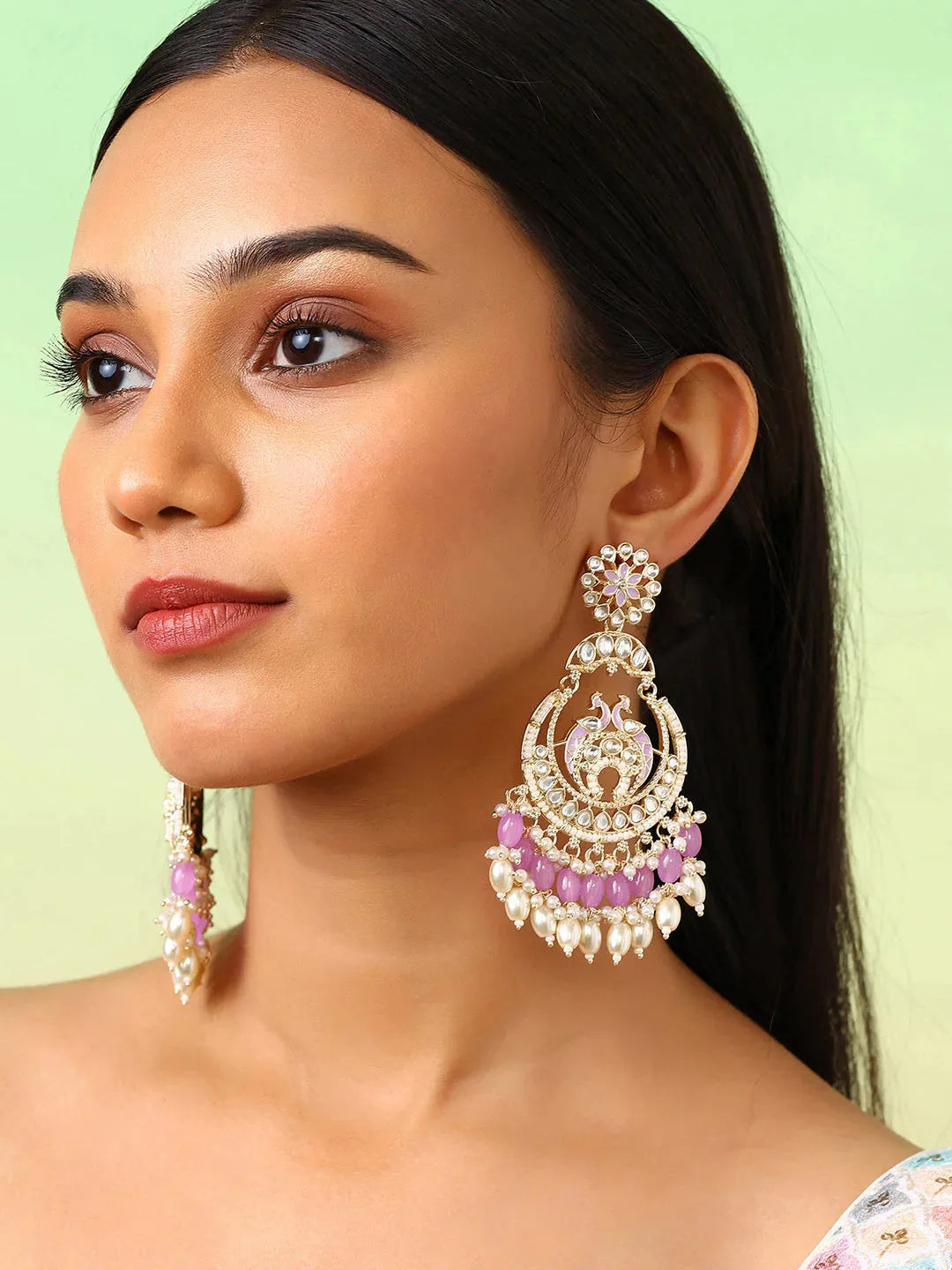 Agaami Blooming Flower Kundan Floral Lavender Gold Plated Chandbali Earrings