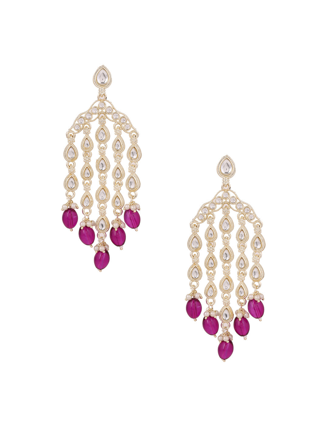 Agaami Violet Beads Kundan Drop Elegance Tassels Pattern Drop Earrings