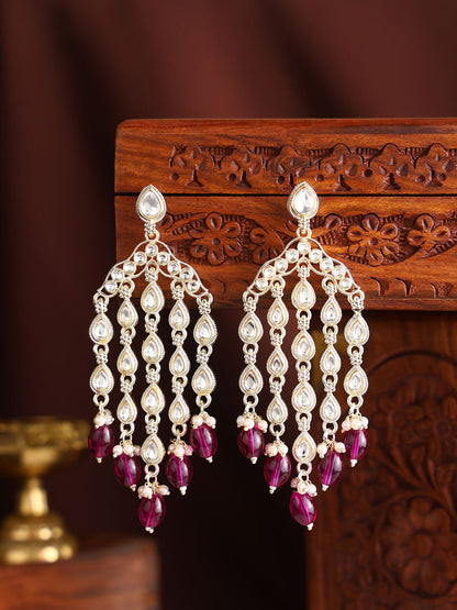 Agaami Violet Beads Kundan Drop Elegance Tassels Pattern Drop Earrings
