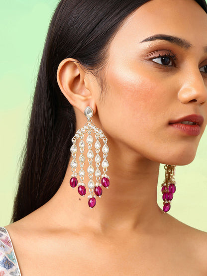 Agaami Violet Beads Kundan Drop Elegance Tassels Pattern Drop Earrings