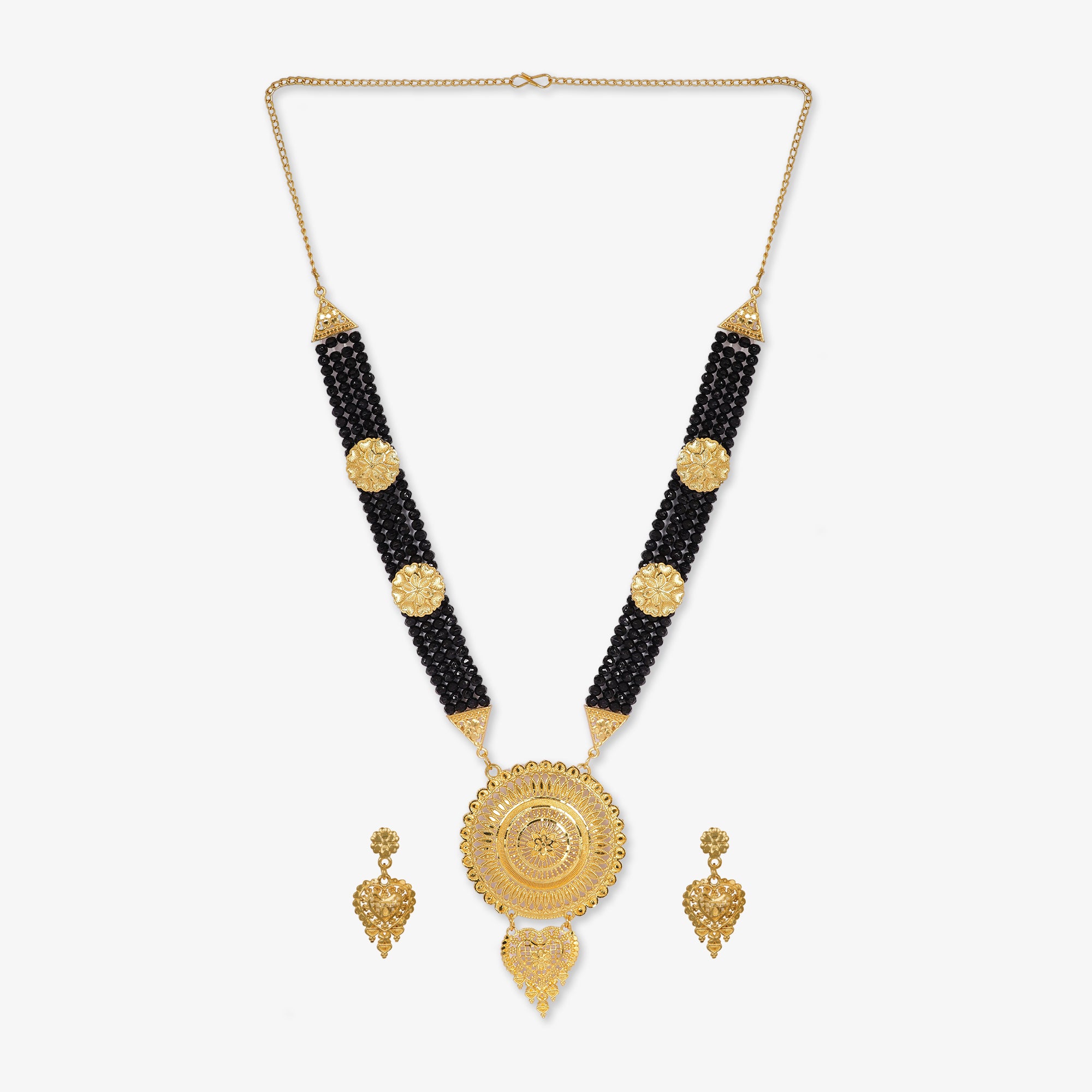 Traditional Gold-Plated Mangalsutra Necklace with Black Beads, Ornate Pendant and Matching Earrings Set