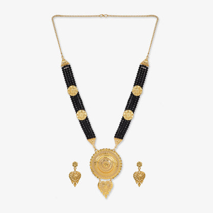 Traditional Gold-Plated Mangalsutra Necklace with Black Beads, Ornate Pendant and Matching Earrings Set