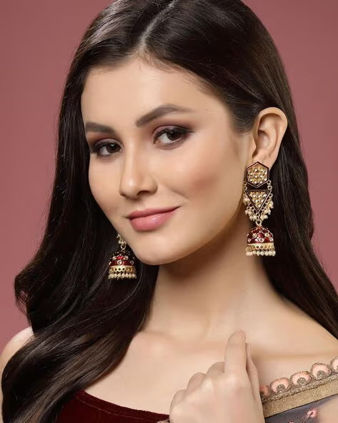 Agaami Enameled Kundan-Studded Jhumka Earrings
