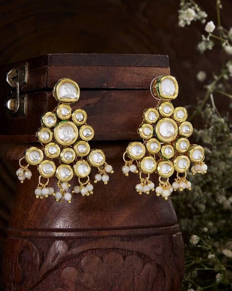 Agaami Kundan-Studded Drop Earrings with Pearl Drops