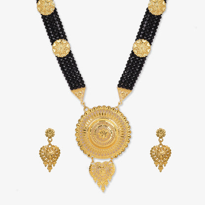 Traditional Gold-Plated Mangalsutra Necklace with Black Beads, Ornate Pendant and Matching Earrings Set