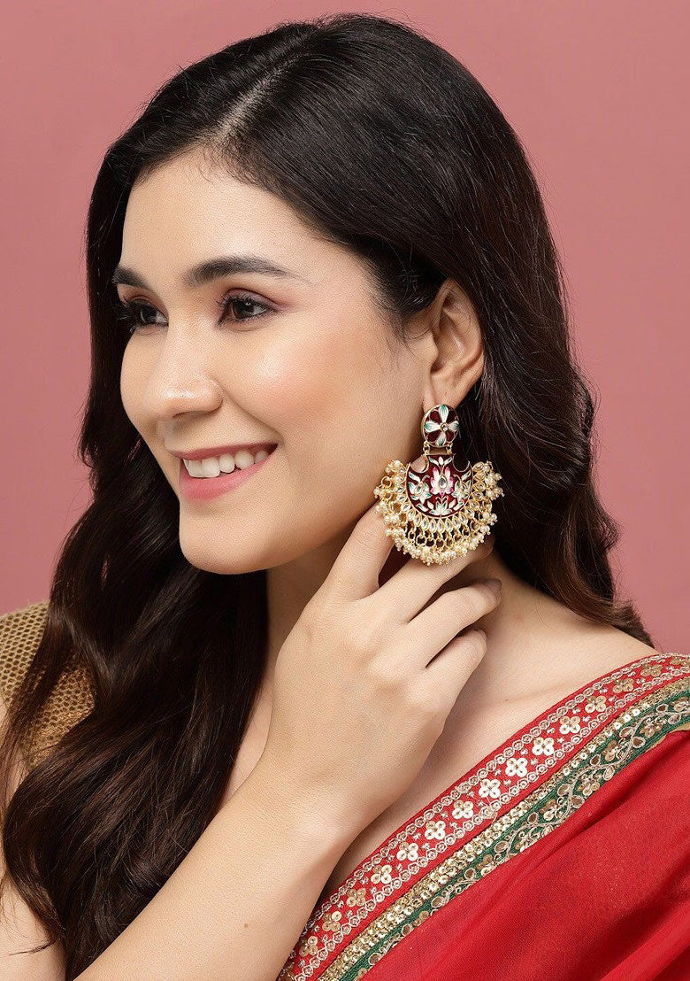 Agaami Gold Plated Kundan & Artificial Beads Studded Chandbalis