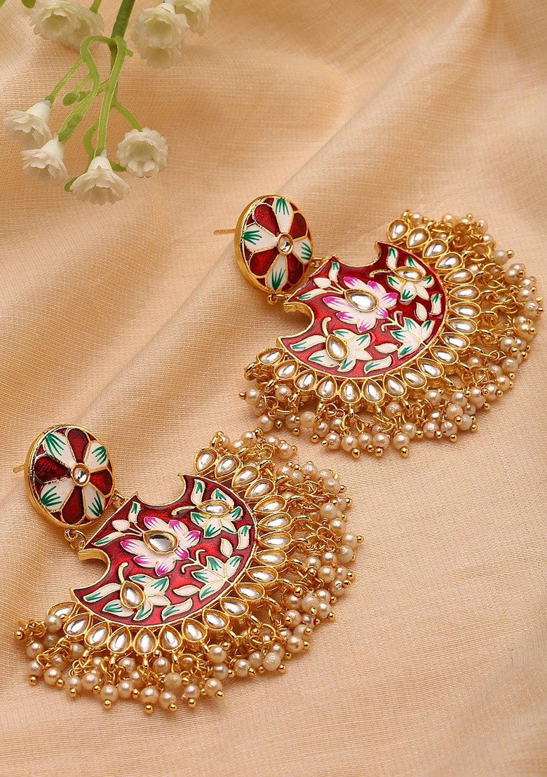 Agaami Gold Plated Kundan & Artificial Beads Studded Chandbalis