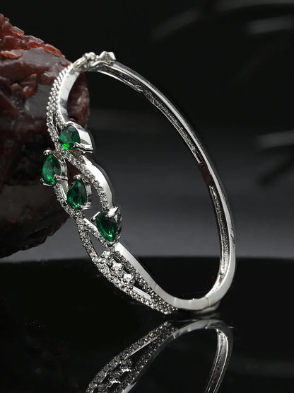 Agaami Green Leaf American Diamond Silver-Plated Bracelet