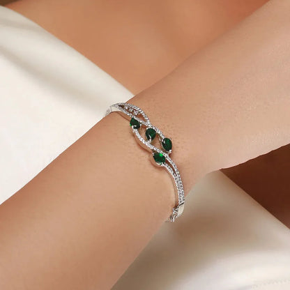 Agaami Green Leaf American Diamond Silver-Plated Bracelet