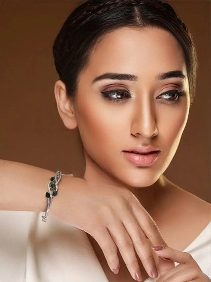 Agaami Green Leaf American Diamond Silver-Plated Bracelet