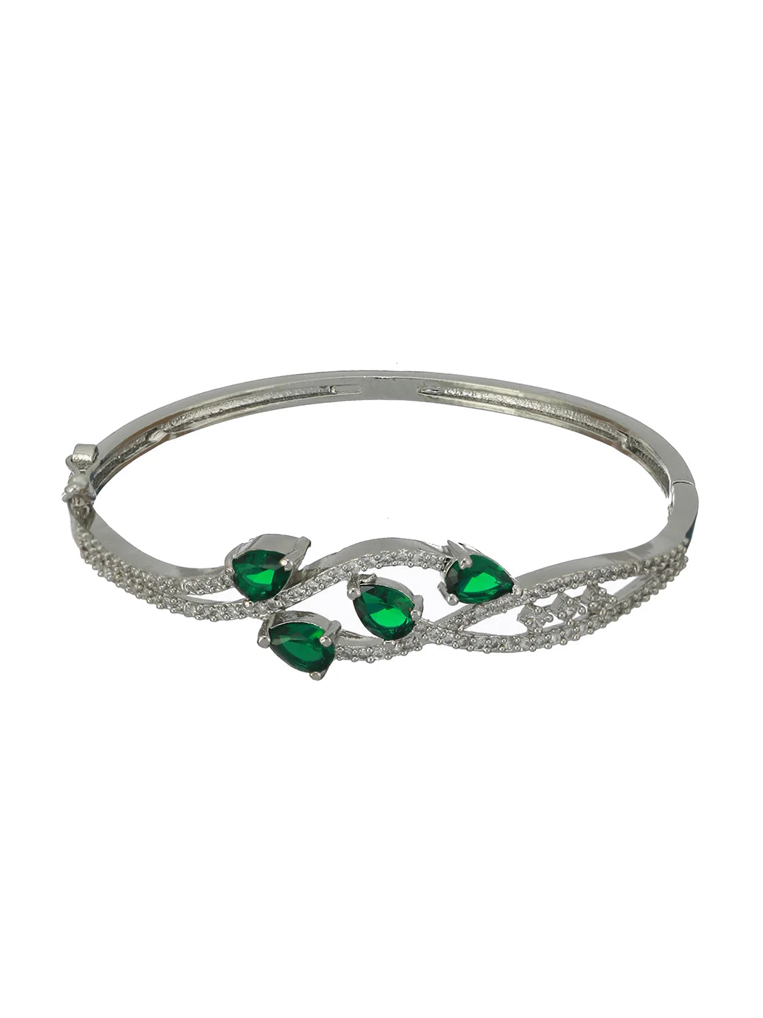 Agaami Green Leaf American Diamond Silver-Plated Bracelet