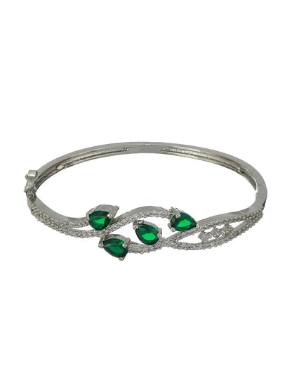 Agaami Green Leaf American Diamond Silver-Plated Bracelet