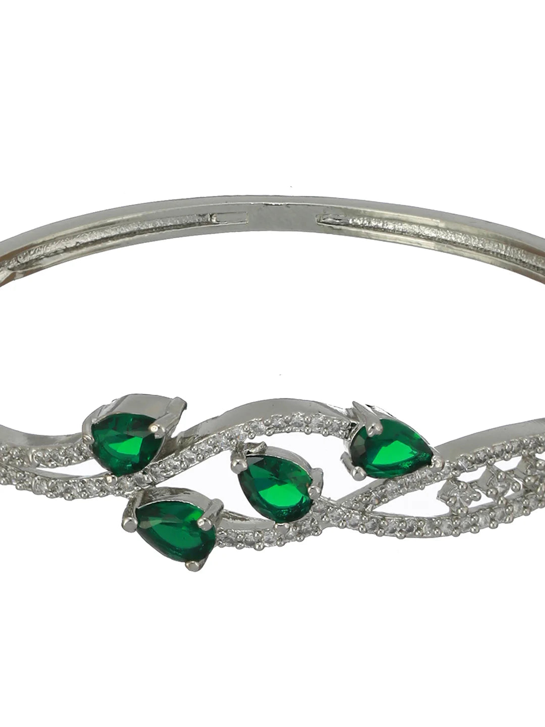 Agaami Green Leaf American Diamond Silver-Plated Bracelet