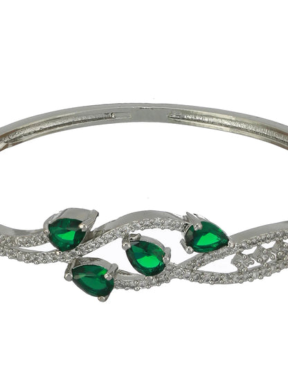 Agaami Green Leaf American Diamond Silver-Plated Bracelet