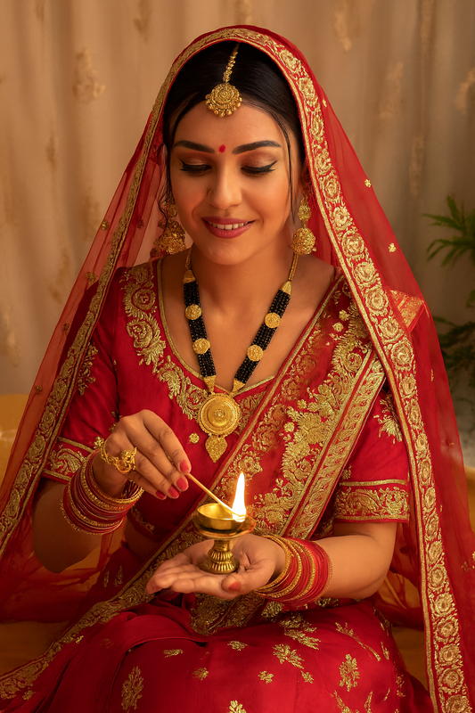 Traditional Gold-Plated Mangalsutra Necklace with Black Beads, Ornate Pendant and Matching Earrings Set