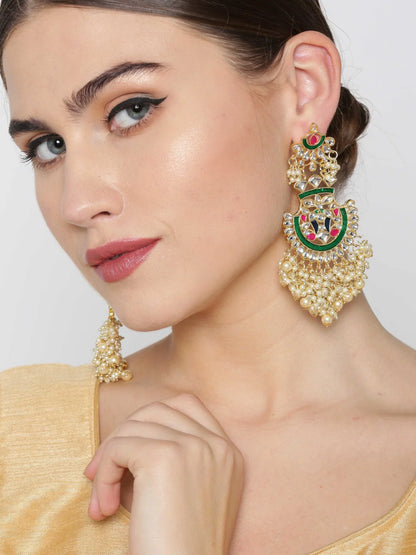 Agaami collection Gold Plated Kundan Studded Off-White Beaded Multicolor Drop Earrings