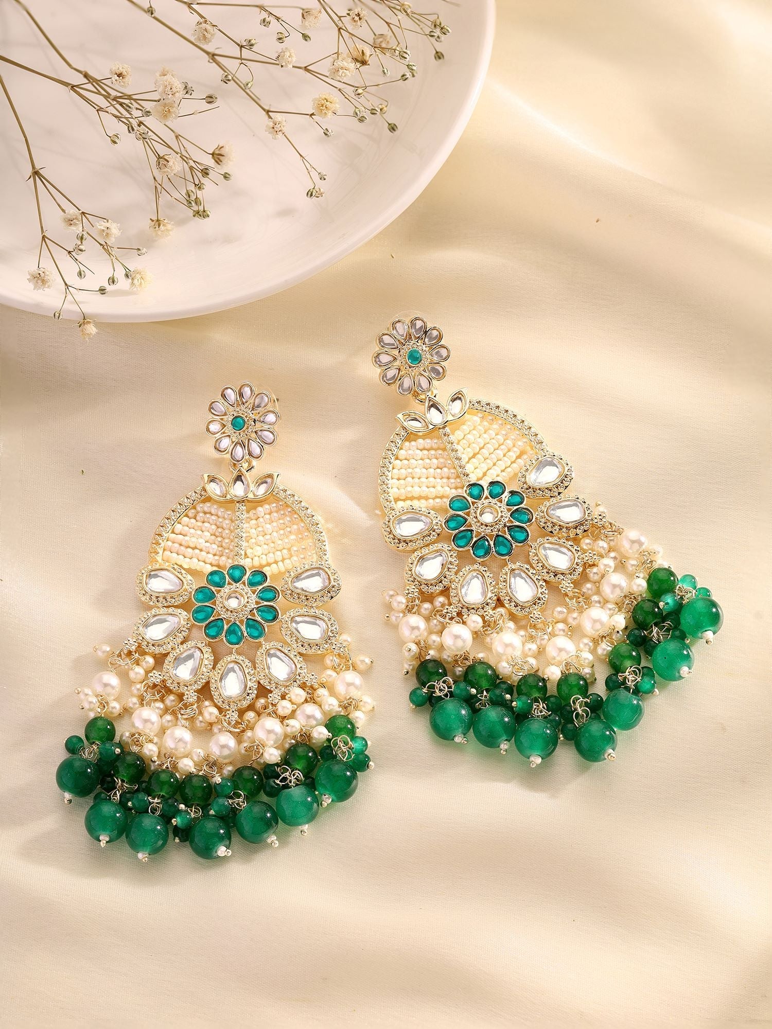 Agaami Floral Green Beads and Pearl Earrings