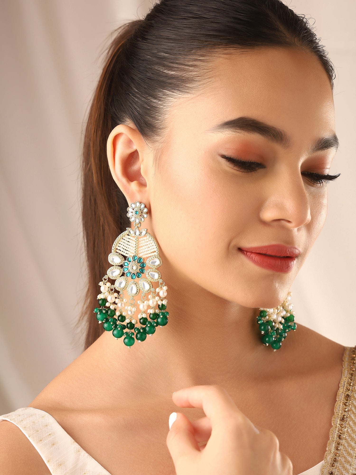 Agaami Floral Green Beads and Pearl Earrings