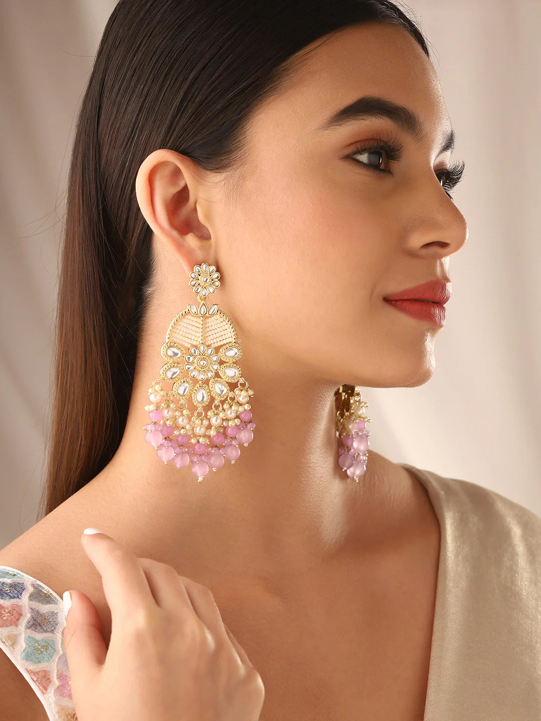 Agaami Lavender Beads Floral Kundan Pearl Earrings
