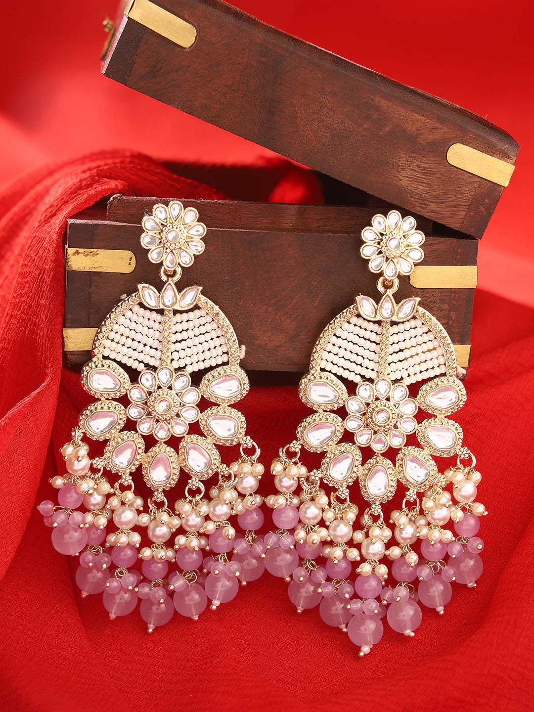 Agaami Lavender Beads Floral Kundan Pearl Earrings