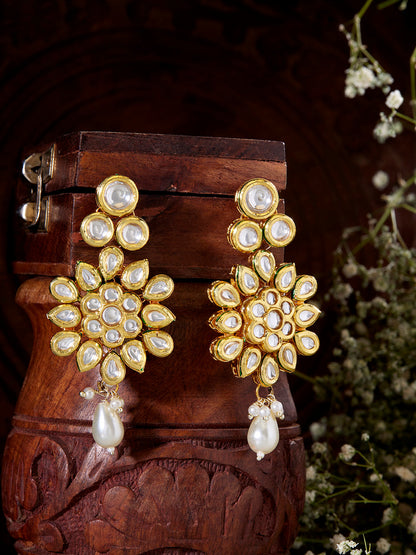 Agaami Gold Plated Bloom Exquisite Pearl and Kundan Drop Earrings