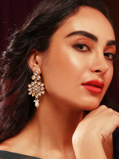 Agaami Gold Plated Bloom Exquisite Pearl and Kundan Drop Earrings