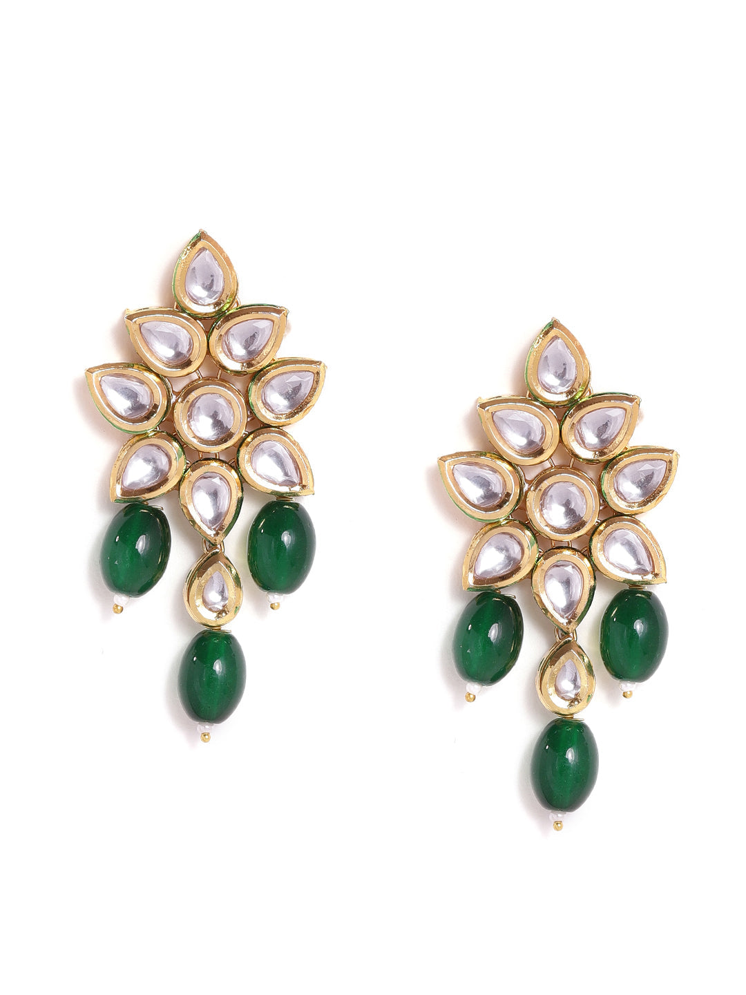 Agaami Blooming floral green beads drop style gold plated push back earrings