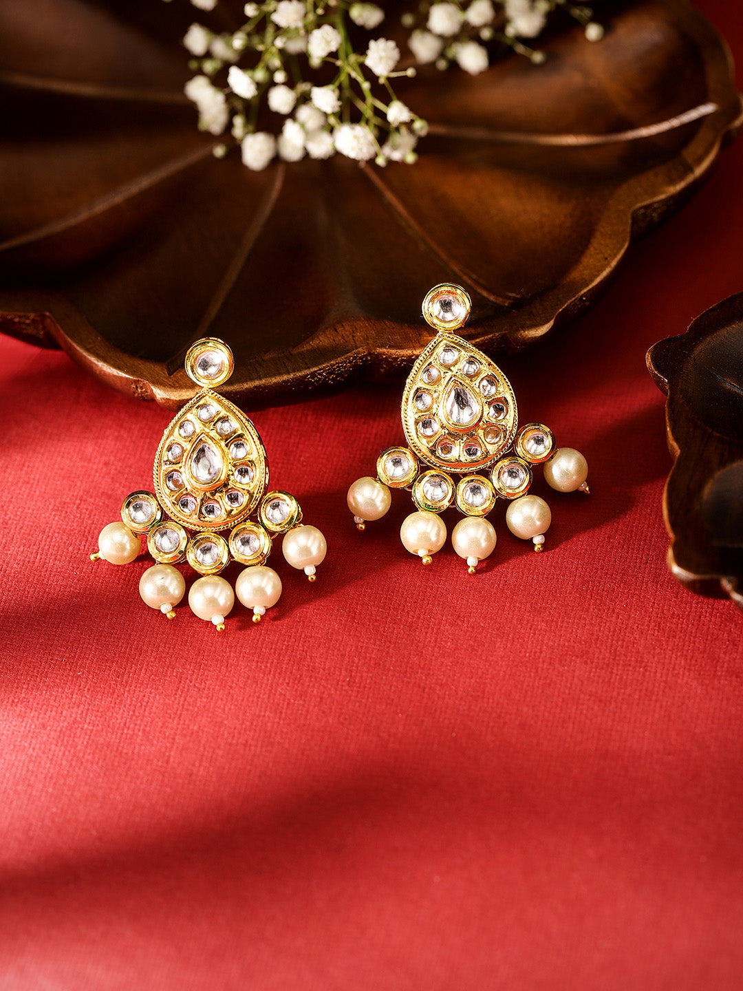 Agaami Drop Style Kundan Gold Plated Pearls Drop Earrings