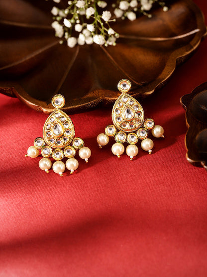 Agaami Drop Style Kundan Gold Plated Pearls Drop Earrings