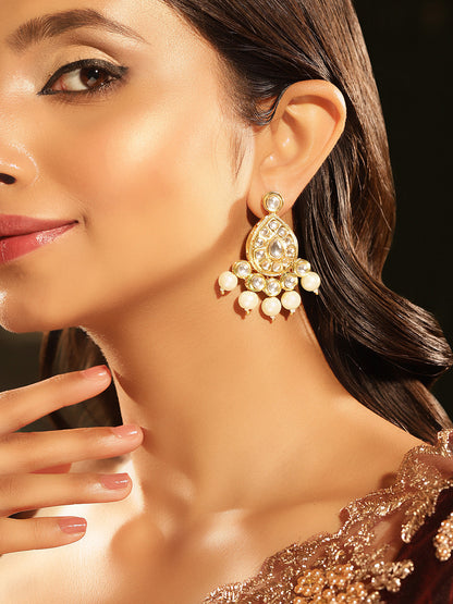 Agaami Drop Style Kundan Gold Plated Pearls Drop Earrings