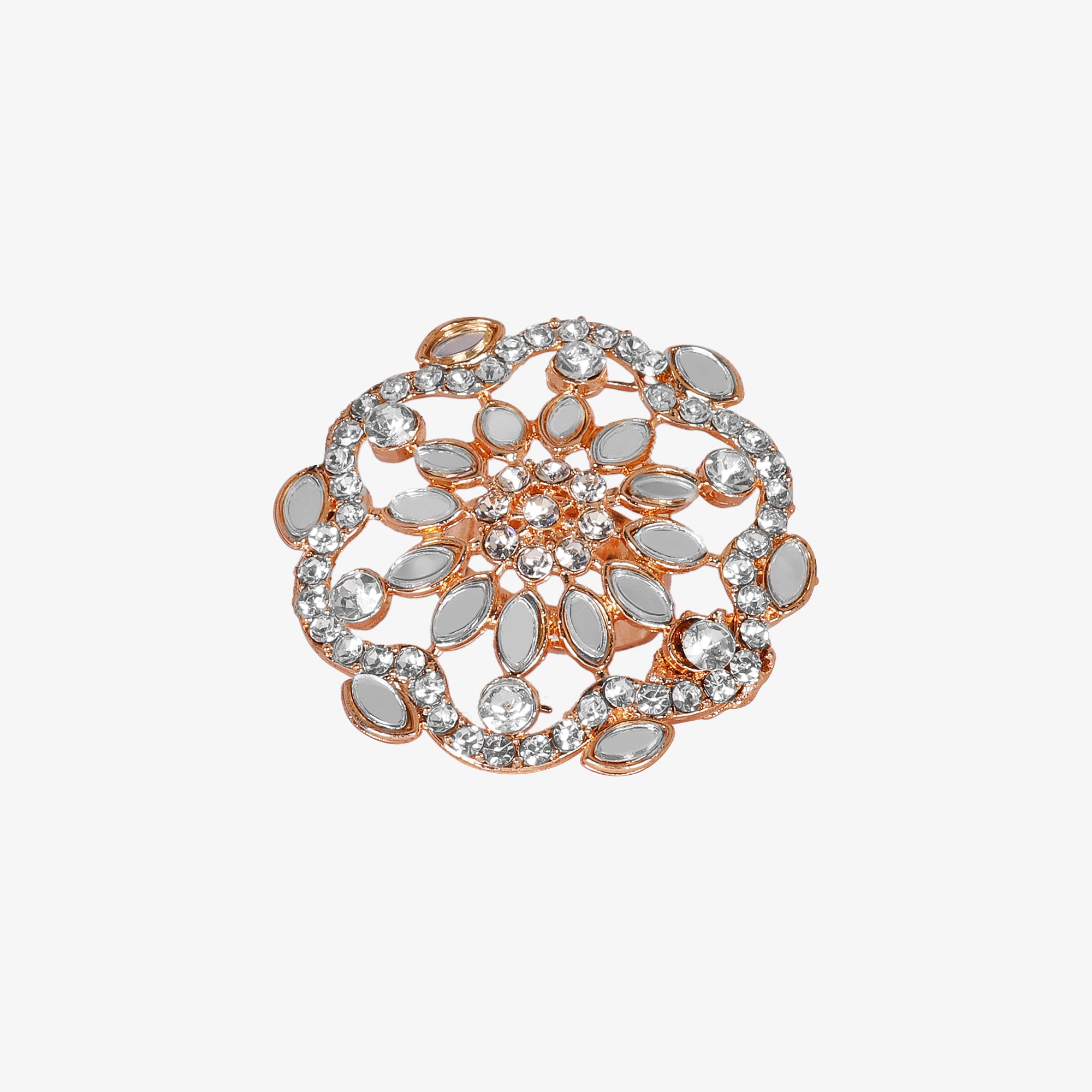 Exquisite Rose Gold-Tone Mirrored & Rhinestone Statement Ring