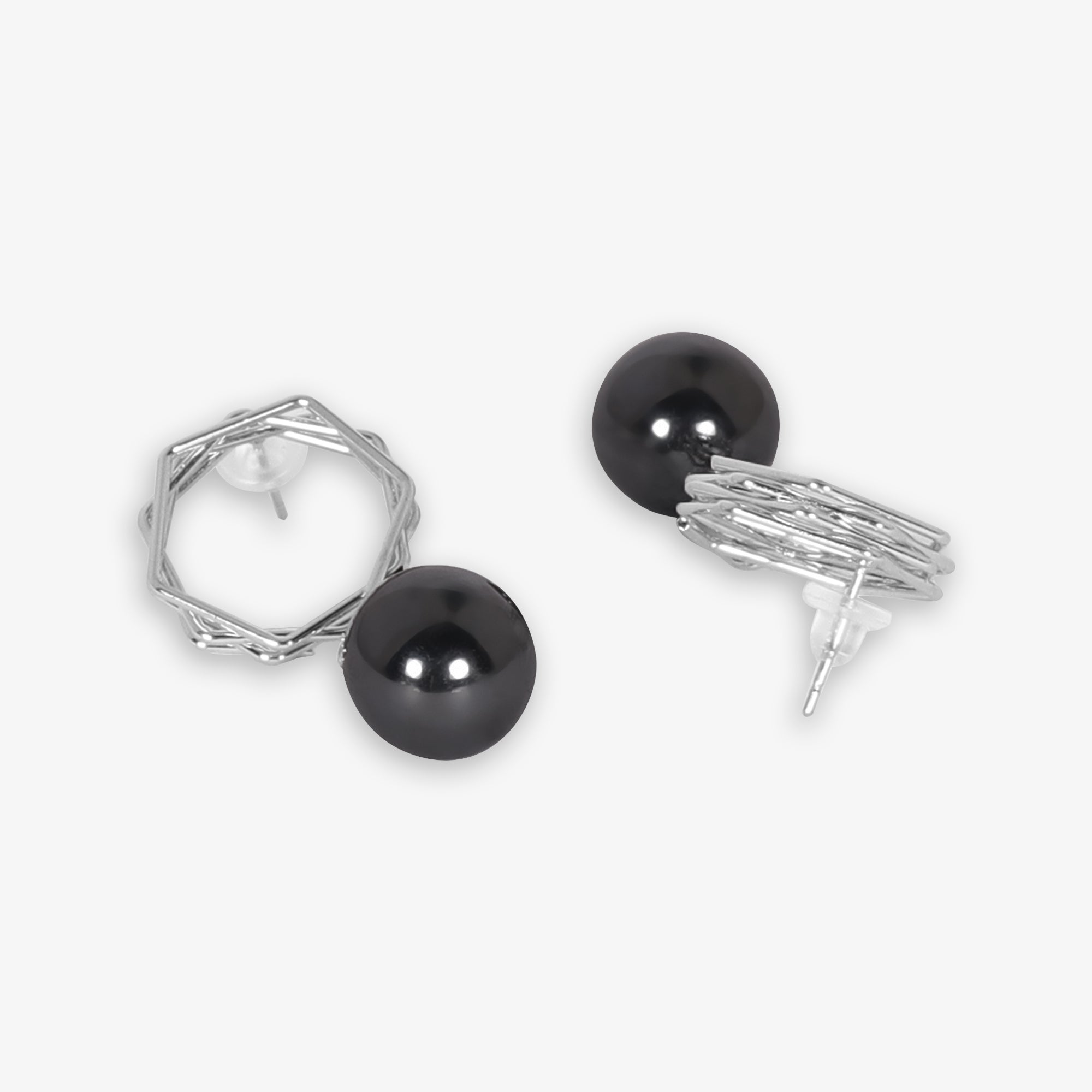 Silver & Black Pearl Stud Earrings – Elegant Minimal Design