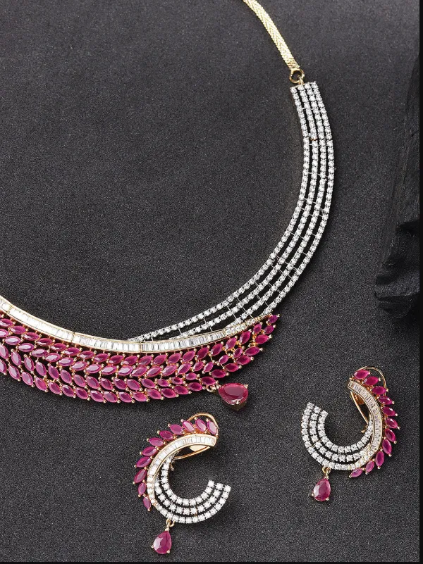 Pink Ruby American Diamond Gold Plated Jewellery Set