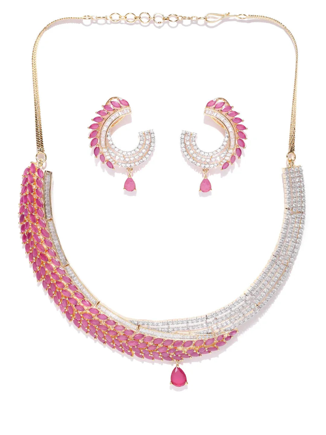 Pink Ruby American Diamond Gold Plated Jewellery Set