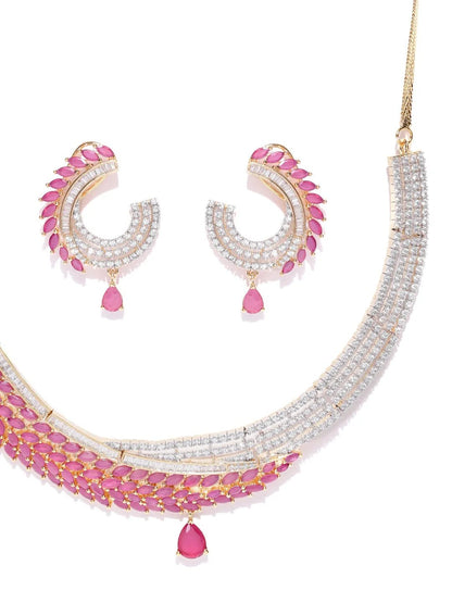 Pink Ruby American Diamond Gold Plated Jewellery Set