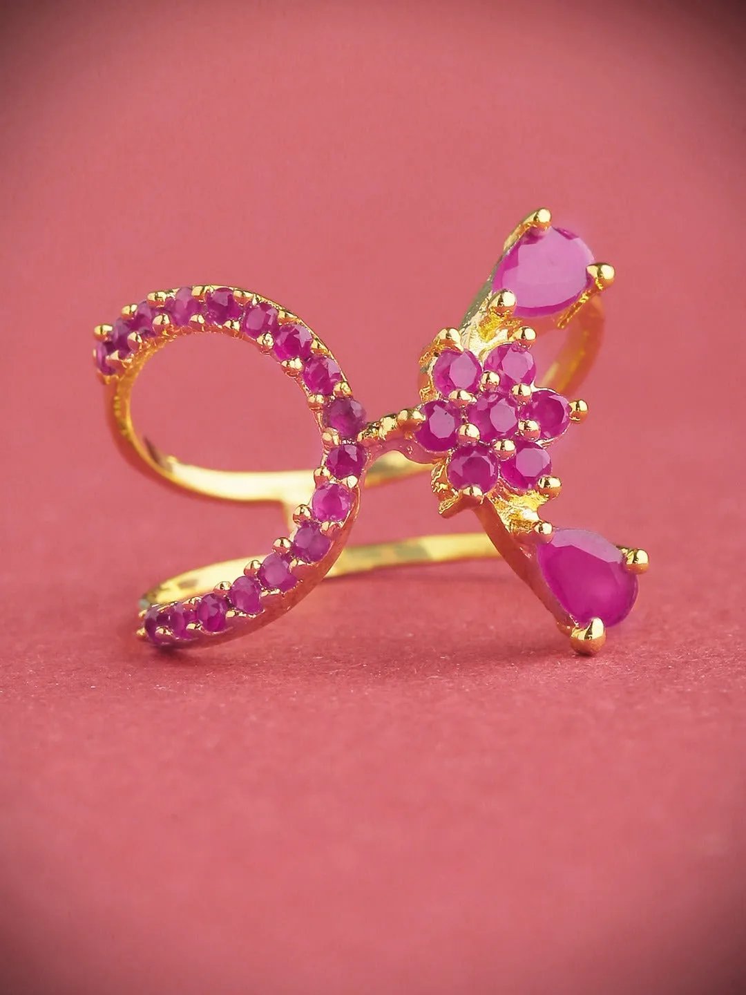 Agaami Gold-Plated Ruby Studded Floral Patterned Ring