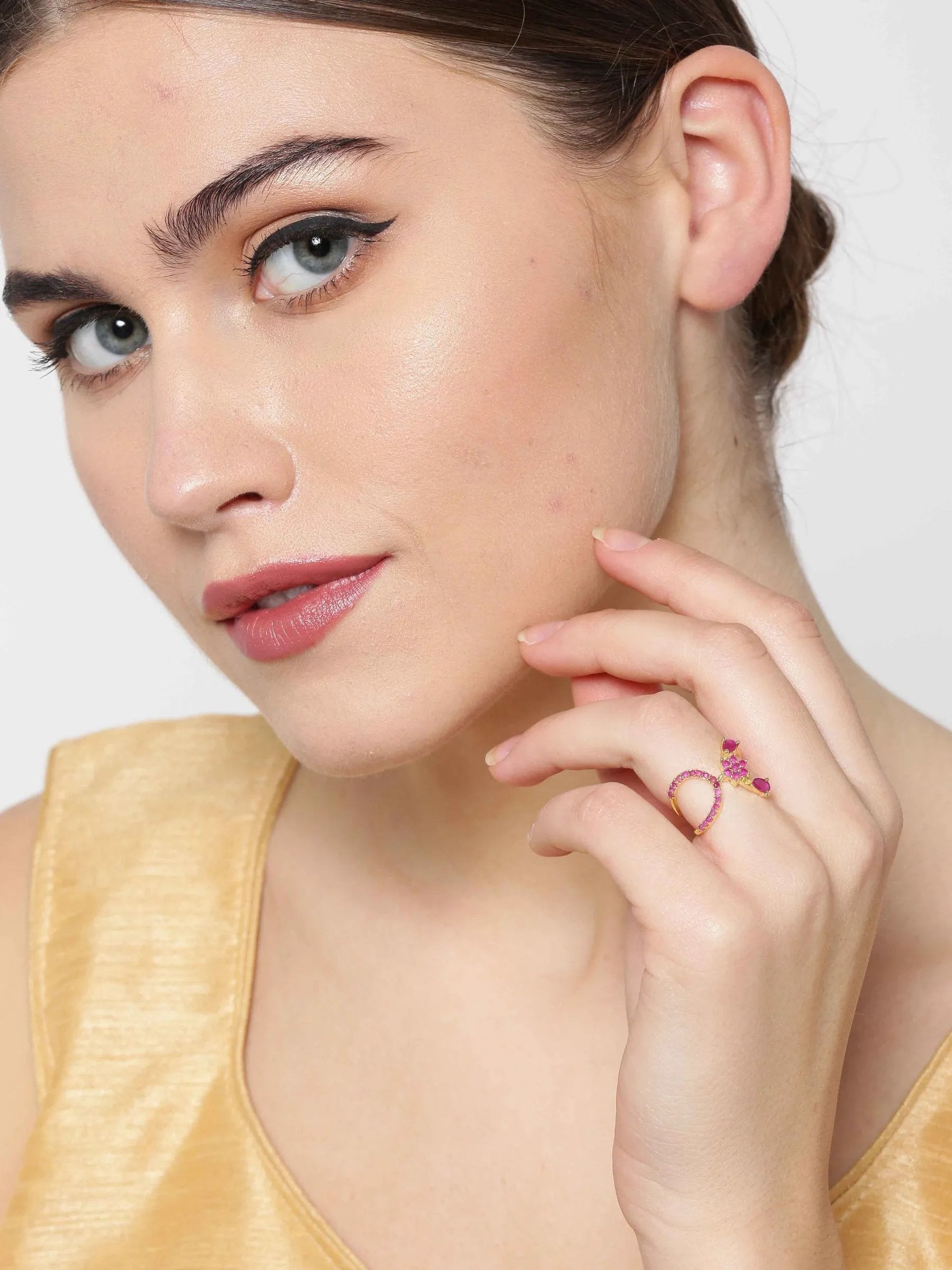 Agaami Gold-Plated Ruby Studded Floral Patterned Ring