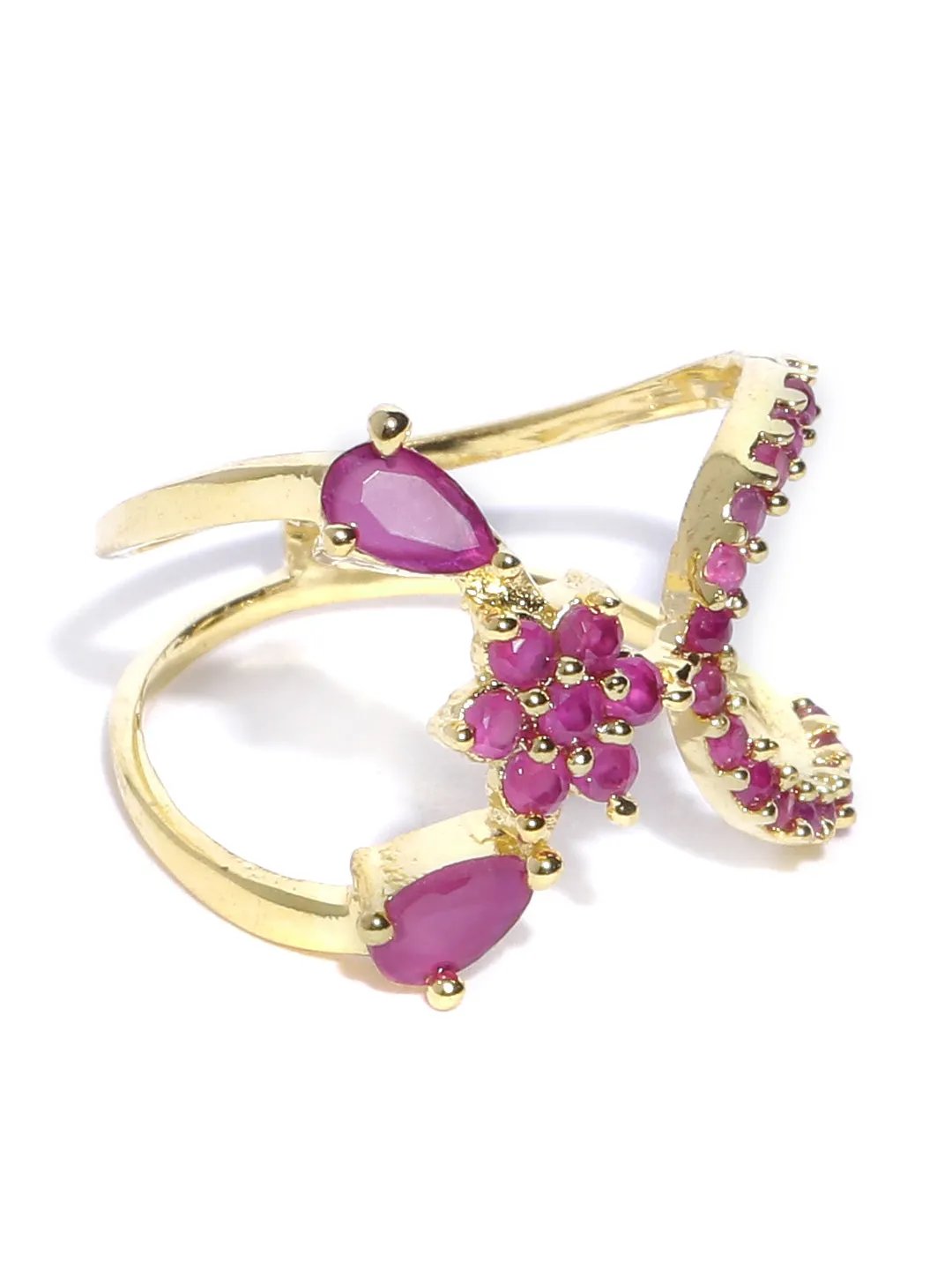 Agaami Gold-Plated Ruby Studded Floral Patterned Ring