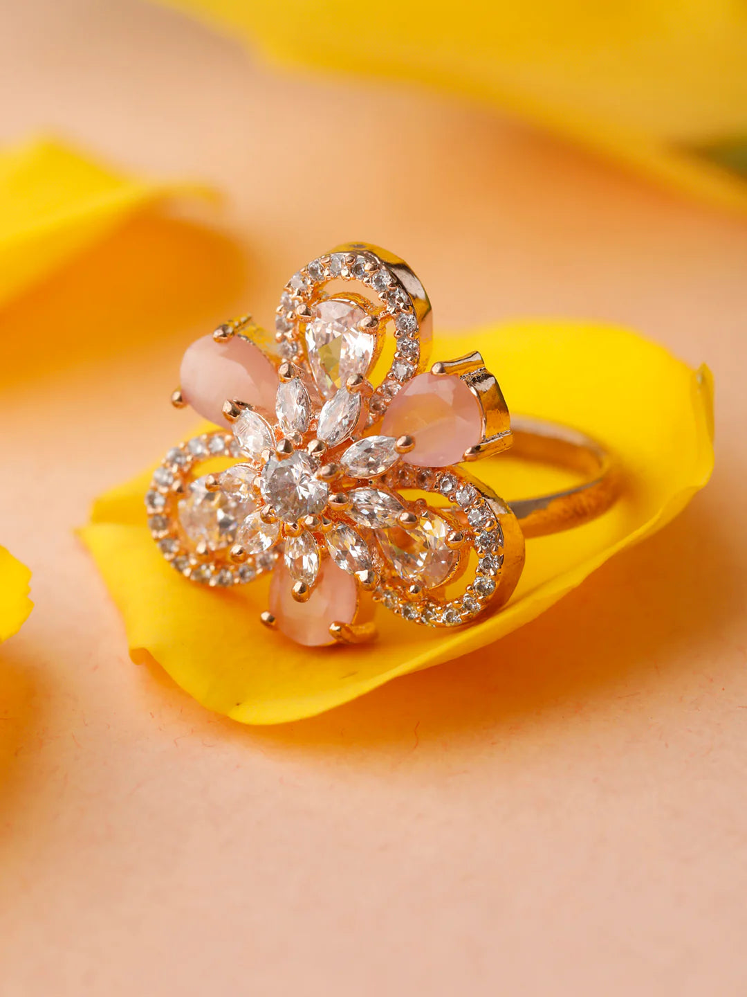 Agaami Contemporary Pink American Diamond Rose Gold Floral Ring