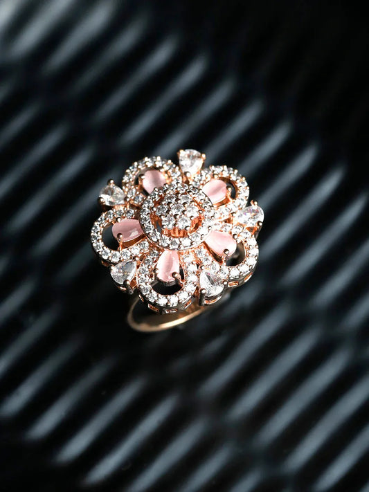 Agaami Pink Floral American Diamond Rose Gold Ring