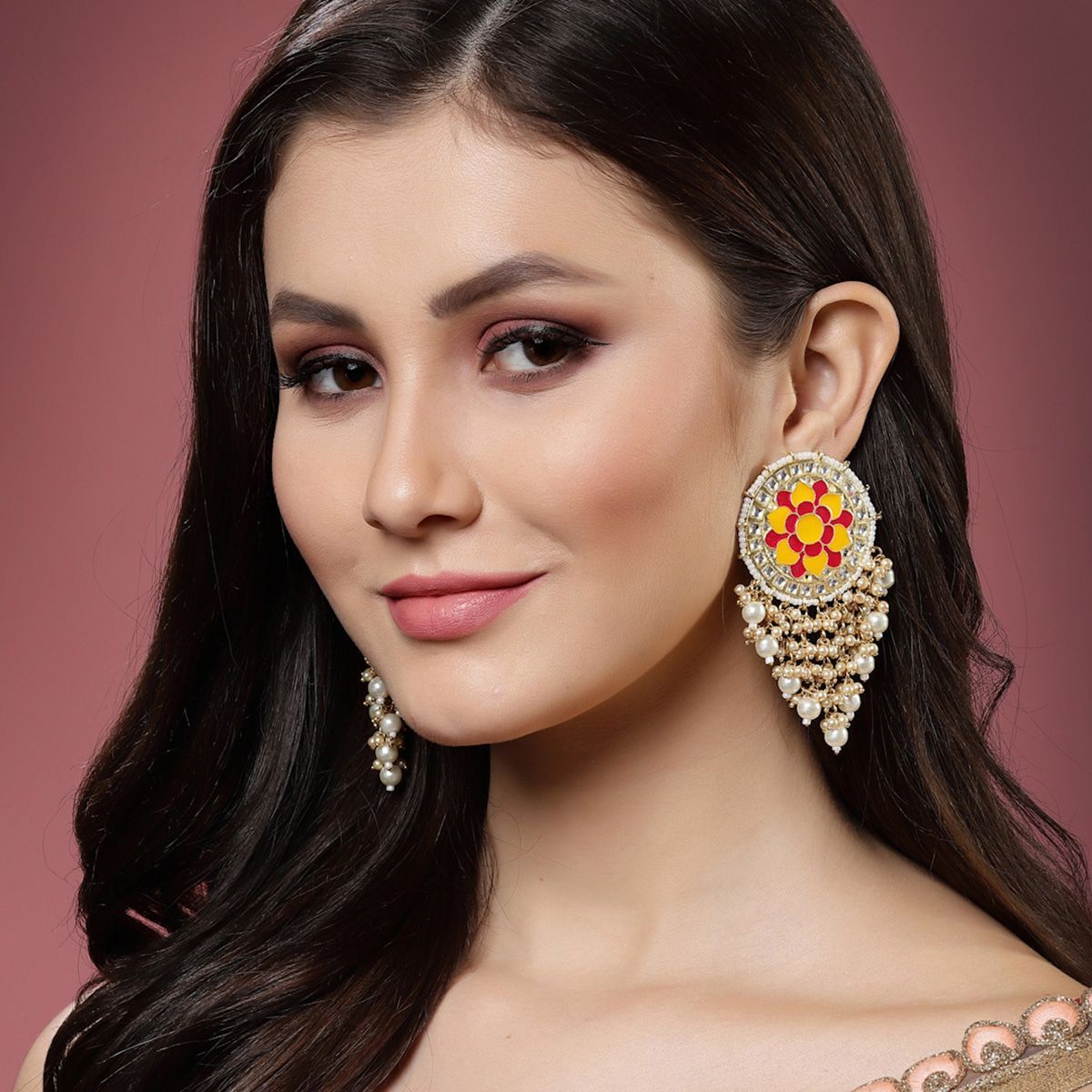 Agaami Gold Plated Kundan Stone Circular Shaped Meenakari Drop Earrings