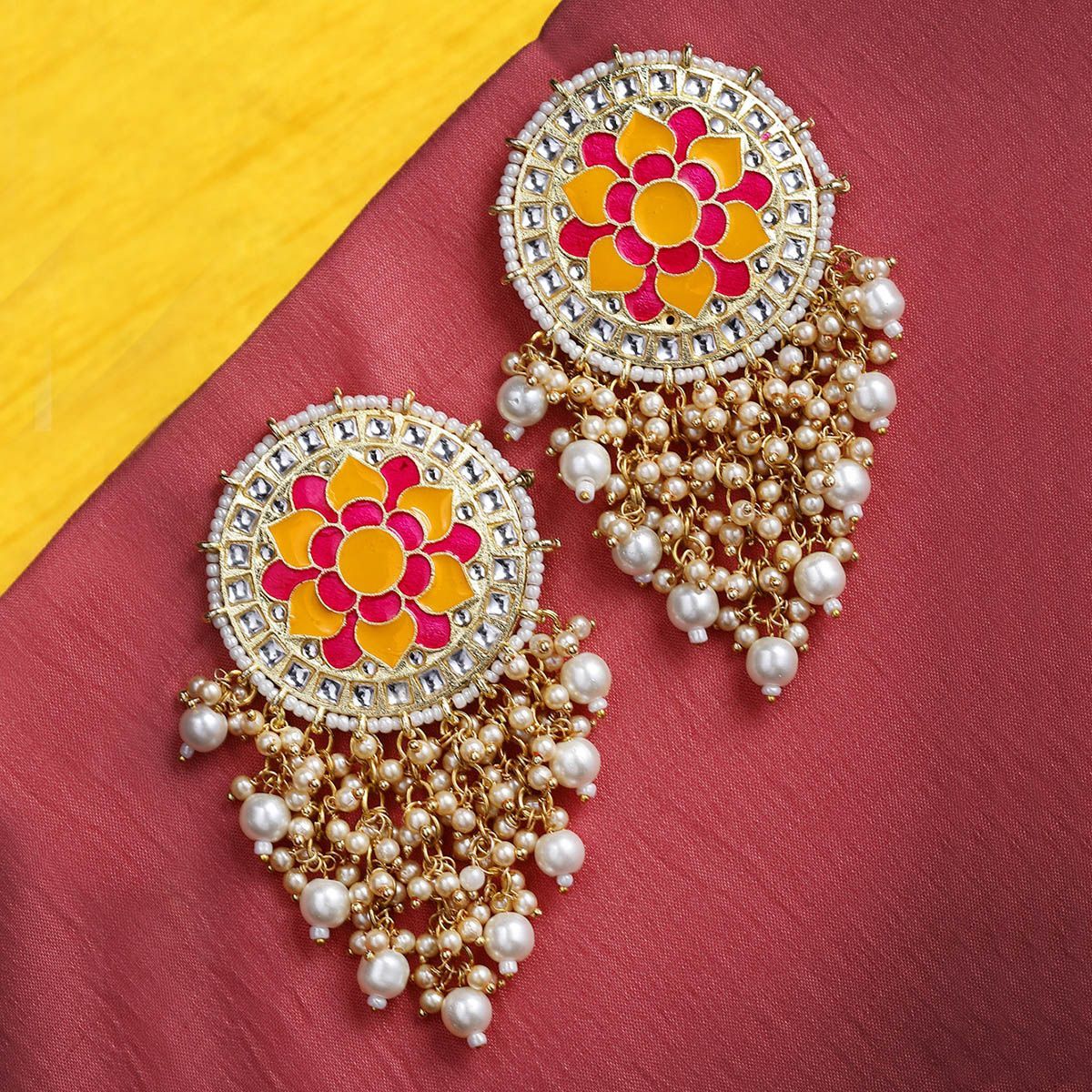 Agaami Gold Plated Kundan Stone Circular Shaped Meenakari Drop Earrings