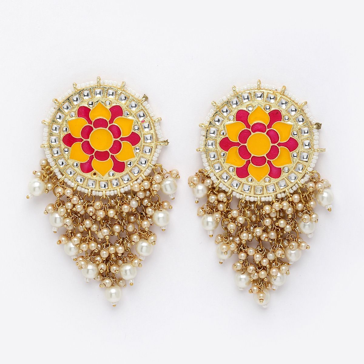 Agaami Gold Plated Kundan Stone Circular Shaped Meenakari Drop Earrings