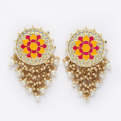 Agaami Gold Plated Kundan Stone Circular Shaped Meenakari Drop Earrings